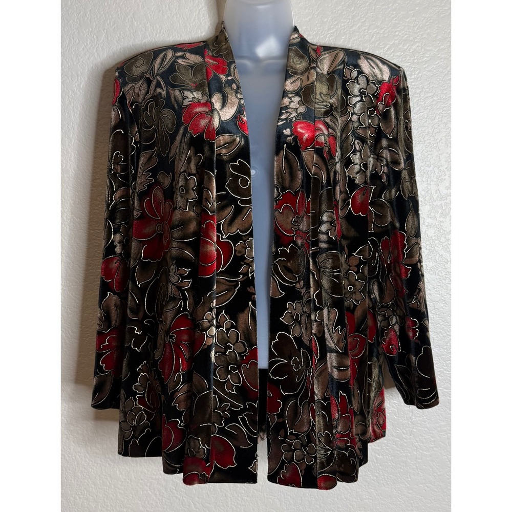 BFA Classics Womens Large Cardigan Black Red Metallic Floral Velvet Burnout Open